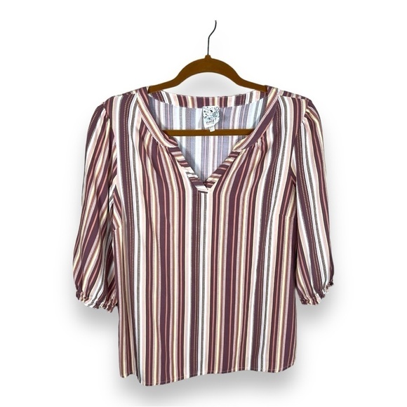 PETITE XL NAIF STRIPED TOP LIGHTWEIGHT PINK MAUVE WHITE  3/4 SLEEVE HENLEY NECK - Picture 1 of 9